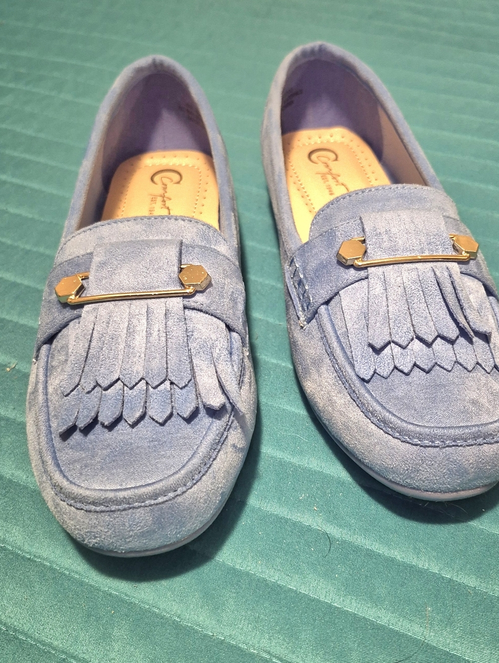 Comfortiva Women's Suede Kiltie Loafers in Light Blue